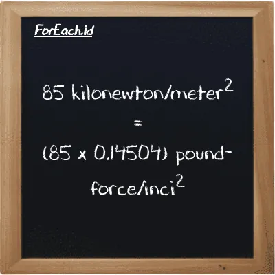 85 kilonewton/meter<sup>2</sup> setara dengan 12.328 pound-force/inci<sup>2</sup> (85 kN/m<sup>2</sup> setara dengan 12.328 lbf/in<sup>2</sup>)